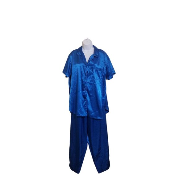 Edgemont Womens Satin Pajamas 1X Pants Top 2 Pc Lounge Set Blue Polyester - Picture 3 of 13